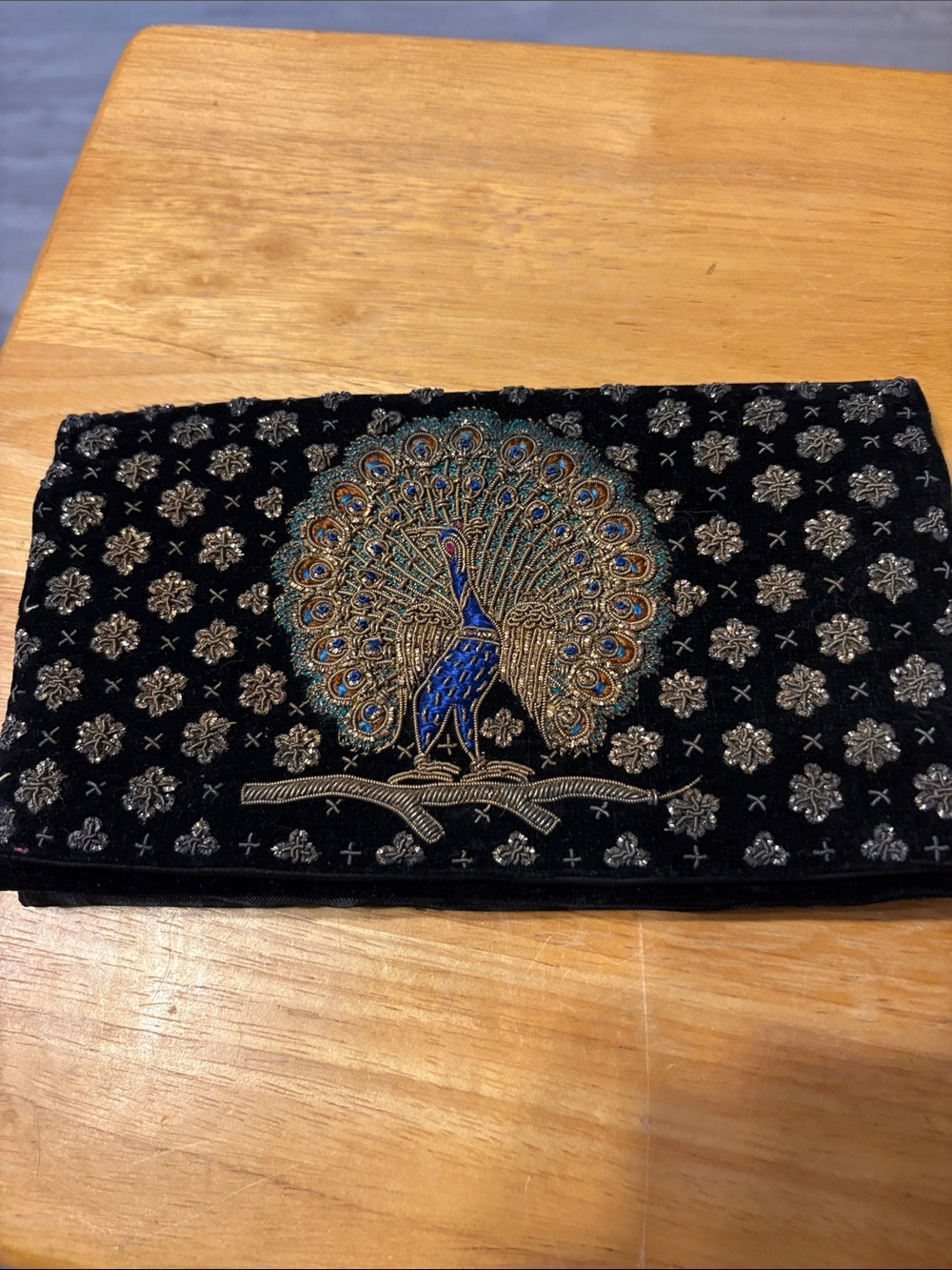 Vintage Embellished Black Velvet Peacock Clutch